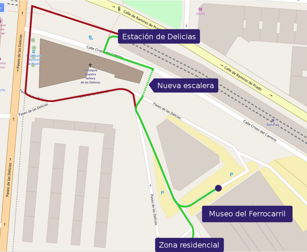 Comparativa de los caminos entre Delicias y el Museo del Ferrocarril antes y después